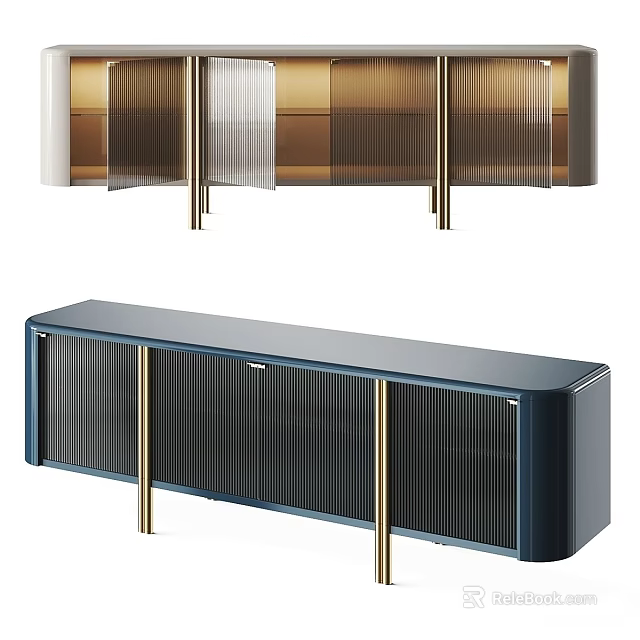 Modern Blue TV Stand With Gold Metal Legs And Slatted Front Design 3d model 