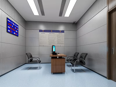 Security Monitoring Room Interior With Blue Monitor Screens Wooden Desk Computer And Black Chairs 3d model