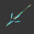 Blue Metallic Spear Weapon With Ornamental Blade And Long Decorative Handle