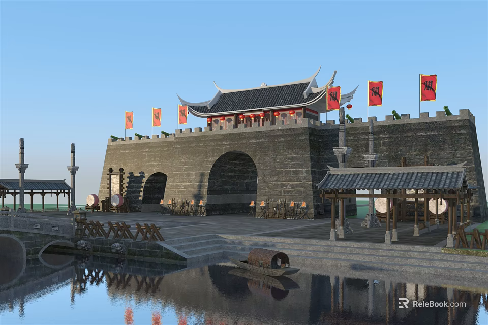 Ancient City Gate Architecture With Traditional Roof Red Flags City Wall And Water Reflection 3d model 