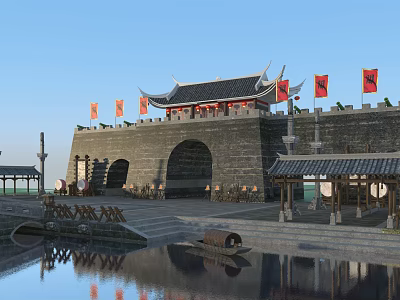 Ancient City Gate Architecture With Traditional Roof Red Flags City Wall And Water Reflection 3d model