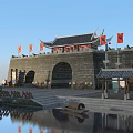 Ancient City Gate Architecture With Traditional Roof Red Flags City Wall And Water Reflection