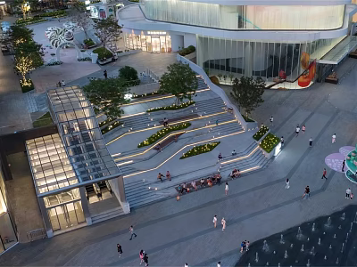 Modern Open Plaza With Steps Greenery And Pedestrians In Urban Area 3d model