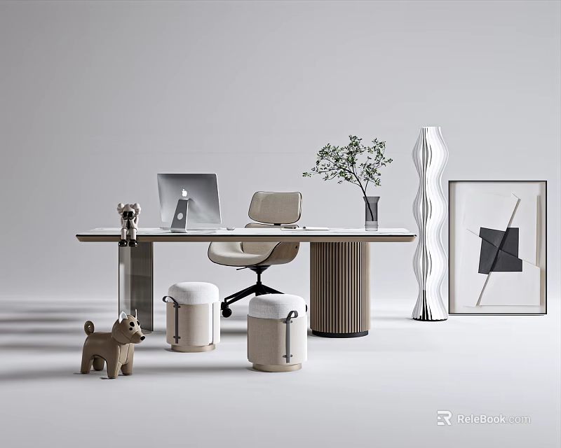 Modern Home Office Desk with Laptop Chair Green Plant Decorative Vase and Dog Figurine 3d model 