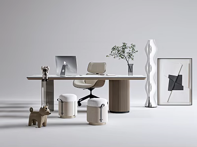 Modern Home Office Desk with Laptop Chair Green Plant Decorative Vase and Dog Figurine 3d model