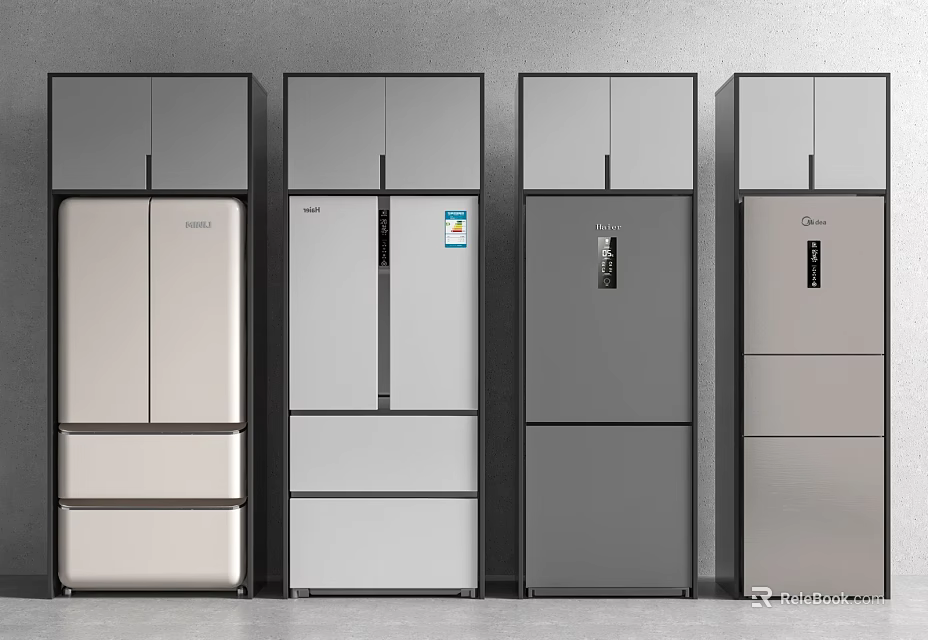 Modern Open Concept Kitchen Interior Features Sleek Refrigerators And Functional Design 3d model