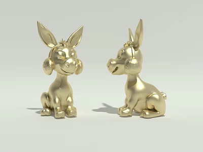 Two Golden Cartoon Rabbit Figurines Sitting Facing Each Other 3d model
