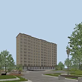 Residential Building With Beige Exterior Many Windows Multiple Floors And Lush Greenery Pedestrians