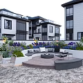 Modern Villa Courtyard Garden With Green Plants Purple Flowers Sofa And Stone Paved Floor