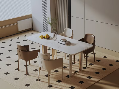 Stylish Dining Table Set With Marble Top And Chairs Fresh Fruit Plants On Checkered Rug 3d model