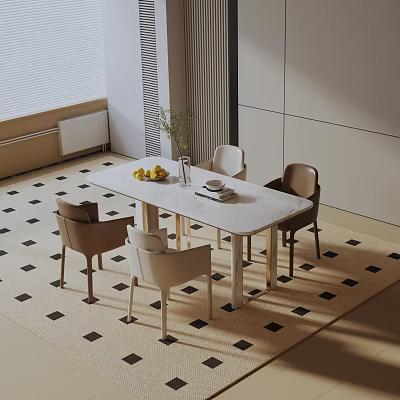 Stylish Dining Table Set With Marble Top And Chairs Fresh Fruit Plants On Checkered Rug 3d model