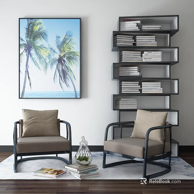 Two Comfortable Single Sofas With Bookshelf Books Palm Tree Painting And Glass Vase 3d model 