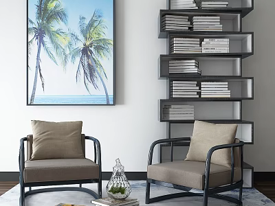 Two Comfortable Single Sofas With Bookshelf Books Palm Tree Painting And Glass Vase 3d model