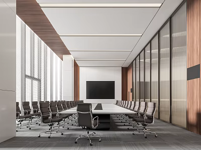 Modern Conference Room Interior With Long Table Chairs Wooden Walls Large Windows And Projector Screen 3d model