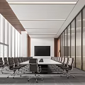 Modern Conference Room Interior With Long Table Chairs Wooden Walls Large Windows And Projector Screen