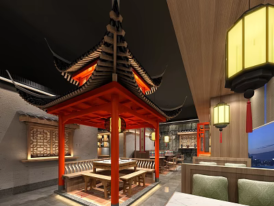 Traditional Chinese Restaurant Interior With Red Pavilion Wooden Tables And Hanging Lanterns 3d model