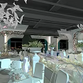 Elegant Banquet Hall Interior With Floral Decorations White Spherical Lights Mirror Floor And Table Settings