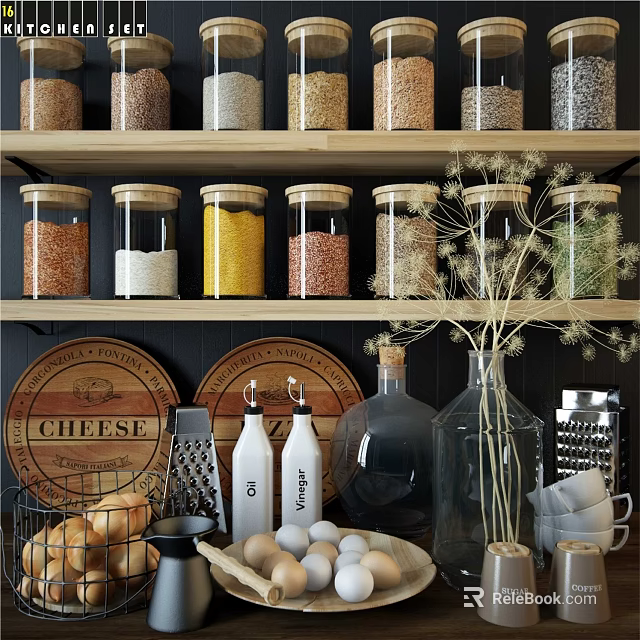 Organized Kitchen Storage With Glass Jars Cheese Boards Grater And Containers 3d model 