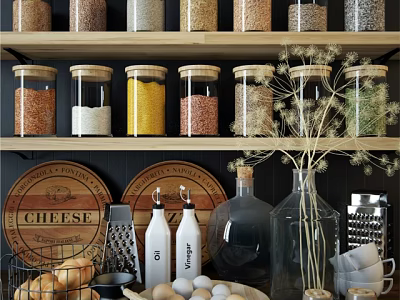 Organized Kitchen Storage With Glass Jars Cheese Boards Grater And Containers 3d model