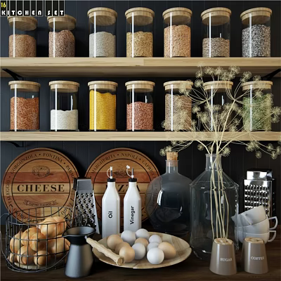 Organized Kitchen Storage With Glass Jars Cheese Boards Grater And Containers 3d model