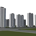 High Rise Residential Buildings in Urban Landscape With Blue Sky White Clouds Road Grassland Vehicles