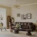 Modern Living Room Interior With Brown Leather Sofa Chandelier Framed Pictures And Coffee Table