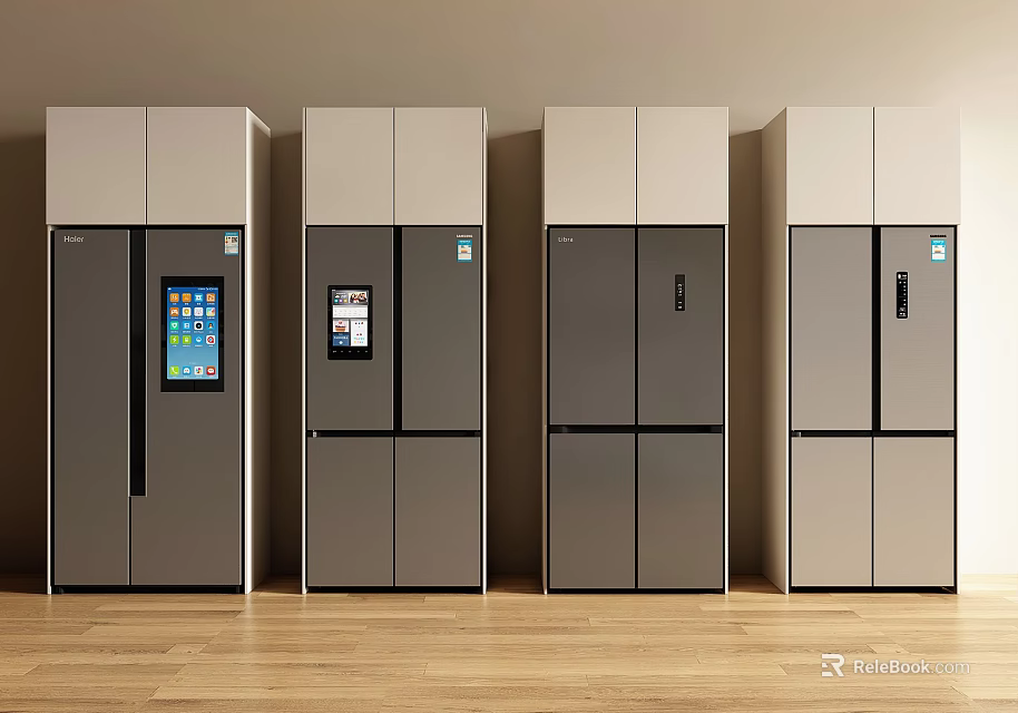 Modern Refrigerator Collection With Digital Screens Sleek Gray Beige Finish On Wooden Floor 3d model 