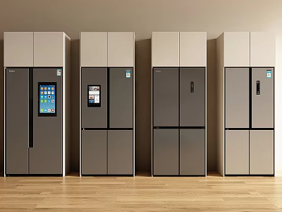 Modern Refrigerator Collection With Digital Screens Sleek Gray Beige Finish On Wooden Floor 3d model