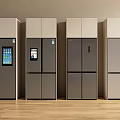 Modern Refrigerator Collection With Digital Screens Sleek Gray Beige Finish On Wooden Floor