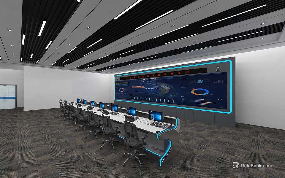 Modern Monitoring Control Room With Large Digital Display Screen Multiple Workstations And Ergonomic Office Chairs 3d model 