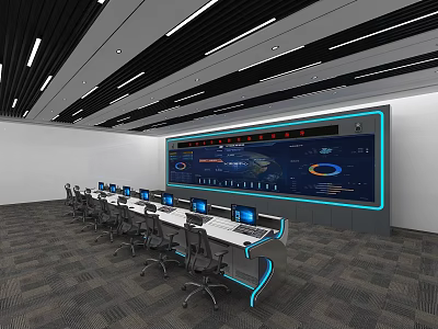 Modern Monitoring Control Room With Large Digital Display Screen Multiple Workstations And Ergonomic Office Chairs 3d model