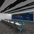 Modern Monitoring Control Room With Large Digital Display Screen Multiple Workstations And Ergonomic Office Chairs