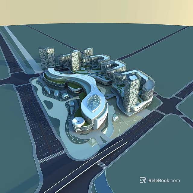 Modern Urban Aerial Planning With Curved Buildings And Integrated Road Network Layout 3d model 