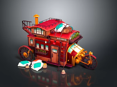 Vintage Red Mobile House Car With Roof Chimney Staircase Large Wheels And Green Plants 3d model
