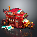 Vintage Red Mobile House Car With Roof Chimney Staircase Large Wheels And Green Plants