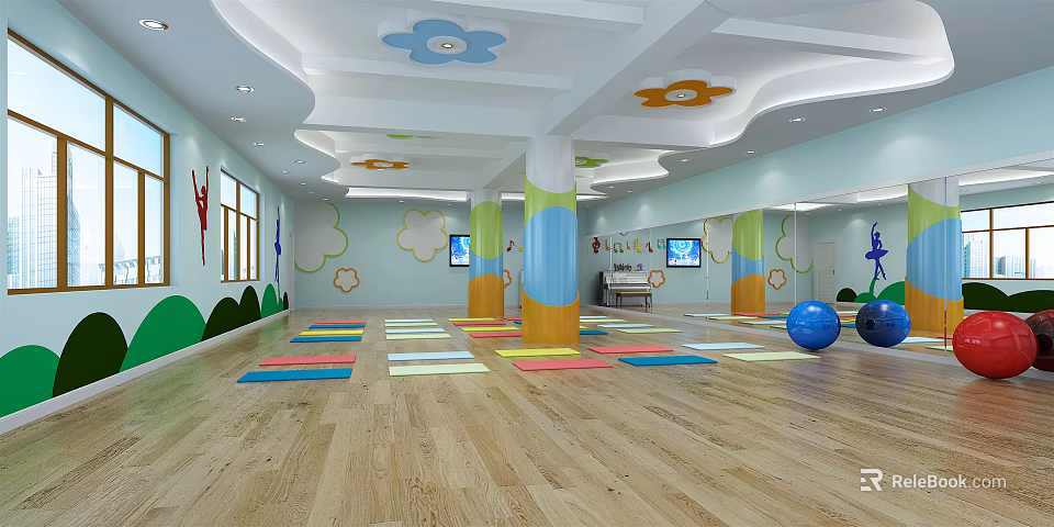 Kids Fitness Indoor Activity Space With Colorful Mats Wooden Floor And Exercise Balls 3d model 