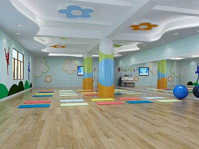 Kids Fitness Indoor Activity Space With Colorful Mats Wooden Floor And Exercise Balls 3d model