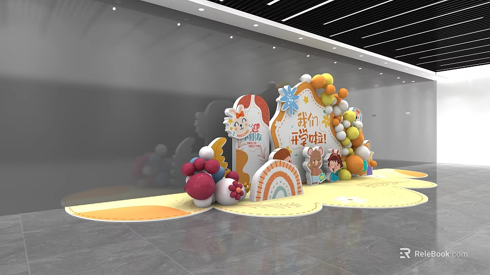Our Kindergarten Event Decorations With Colorful Balloons Rainbow And Cartoon Characters 3d model 