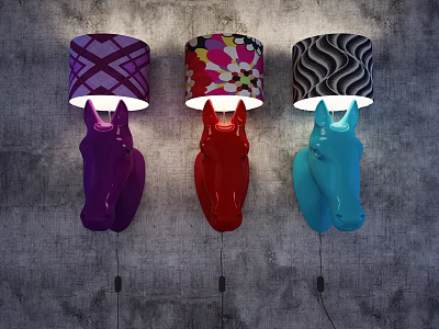Unique Shaped Wall Lamps Horse Head Purple Red Blue with Patterned Lampshades on Grey Wall 3d model
