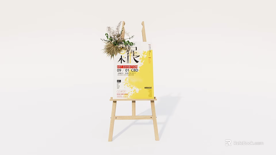 Wooden Easel Guide Visual With Yellow Poster Black Red Text And Dried Flowers 3d model 
