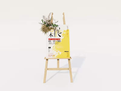 Wooden Easel Guide Visual With Yellow Poster Black Red Text And Dried Flowers 3d model