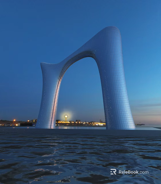 Giant Silver Modern Arch Structure With Evening Waterfront Reflection And City Lights 3d model