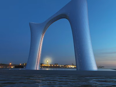 Giant Silver Modern Arch Structure With Evening Waterfront Reflection And City Lights 3d model