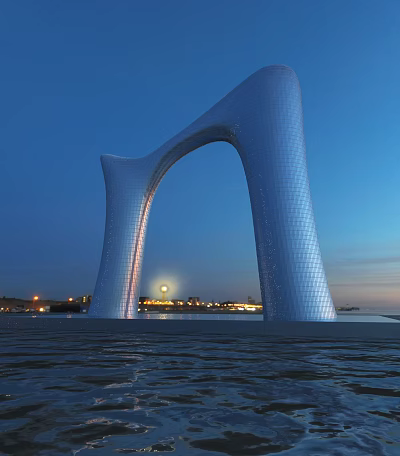 Giant Silver Modern Arch Structure With Evening Waterfront Reflection And City Lights 3d model