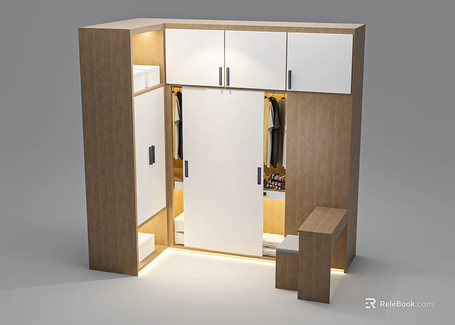 Modern Corner Wardrobe Design With Wooden Panels Hanging Rod Drawers And Lighting 3d model 