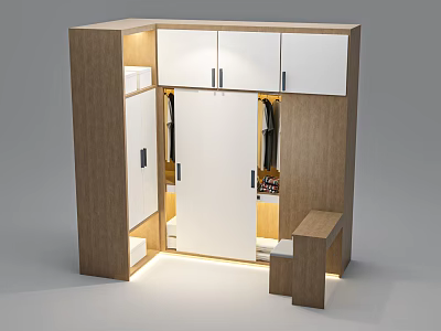 Modern Corner Wardrobe Design With Wooden Panels Hanging Rod Drawers And Lighting 3d model