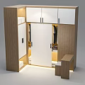 Modern Corner Wardrobe Design With Wooden Panels Hanging Rod Drawers And Lighting