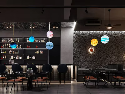Modern Bar Interior With Hanging Planet Decorations Wine Racks And Seating Area 3d model