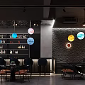 Modern Bar Interior With Hanging Planet Decorations Wine Racks And Seating Area