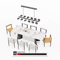 Modern Dining Table Set With Marble Top White And Orange Chairs And Pendant Light 3d model